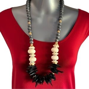 Boho Ethnic Wooden Round, Disk and Stick Bead Statement Necklace